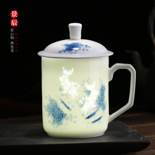 景德镇釉下手绘青花玲珑陶瓷茶杯带盖泡茶喝茶杯子办公室水杯家用