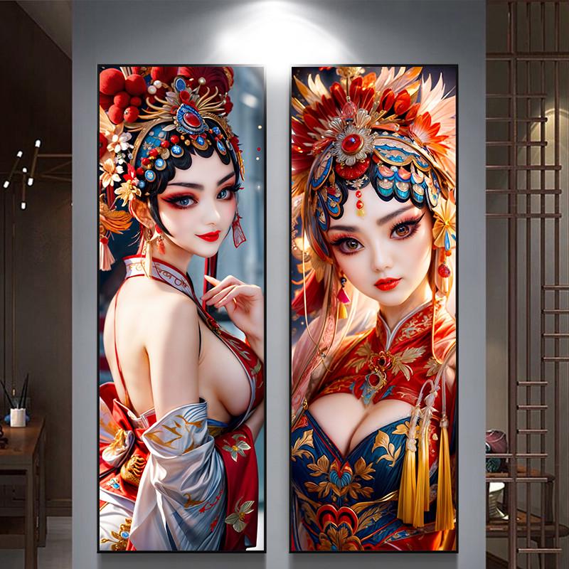 国潮风饭店墙面装饰画国潮美女人物餐厅挂画京剧花旦火锅店玄关画