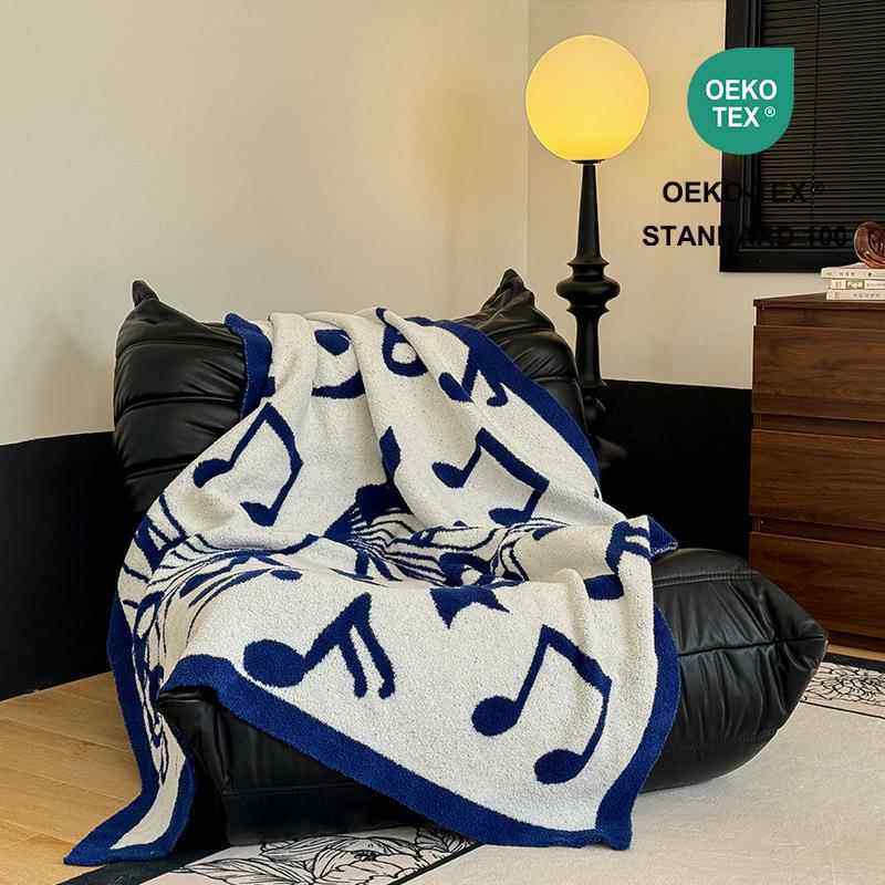 北欧风音符半边绒保暖毯 双色提花针织毯 居家软装配饰拍照道具