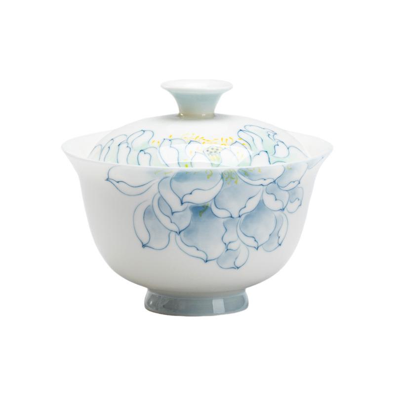釉下莲花家用盖碗功夫茶具玉泥薄胎陶瓷青花素雅新中式泡茶碗