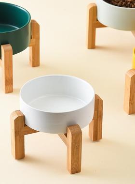 宠物狗食盆狗粮碗猫咪碗陶瓷猫碗加高竹木架保护颈椎喝水碗防打翻