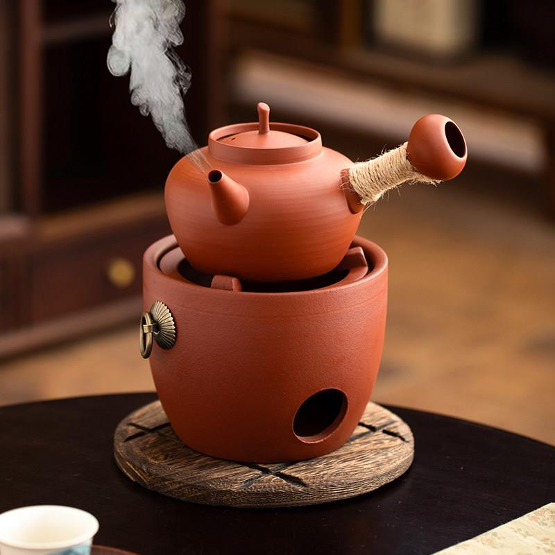 潮州砂铫壶红泥煮茶炉炭炉套装复古侧把陶壶黑晶炉专用围炉煮茶壶