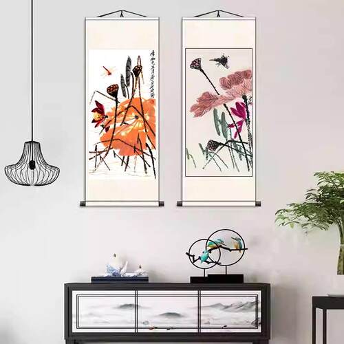 水墨荷丝绸画国画卷轴花鸟挂画家居装饰古色古香送礼礼品画