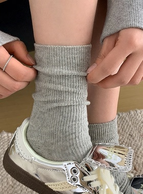 季纯色堆堆袜月子袜产后棉灰色中筒袜黑色无骨袜长袜