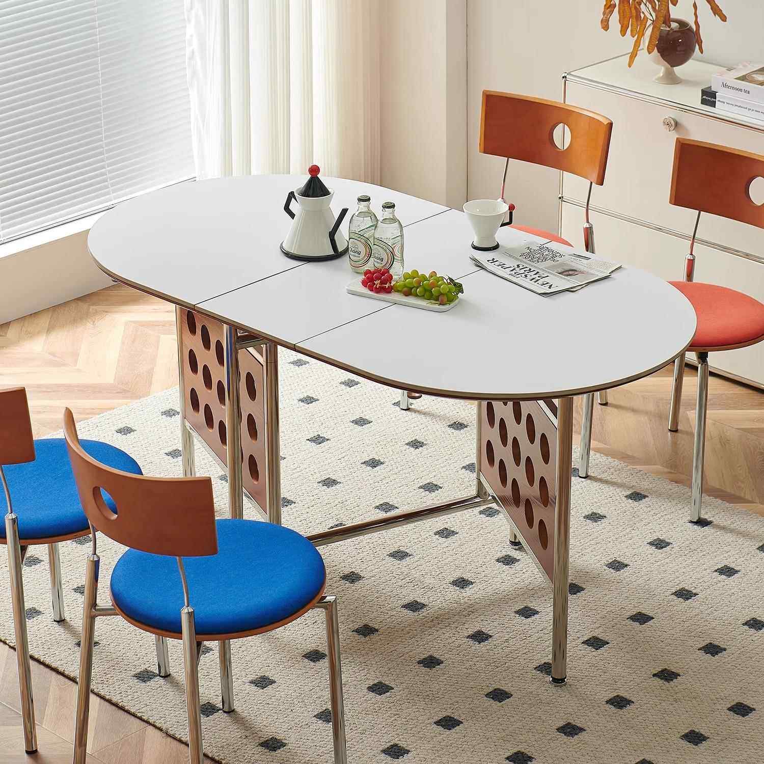 北欧岩板餐桌家用小户型可折叠不锈钢椭圆桌中古风靠墙简约收纳桌