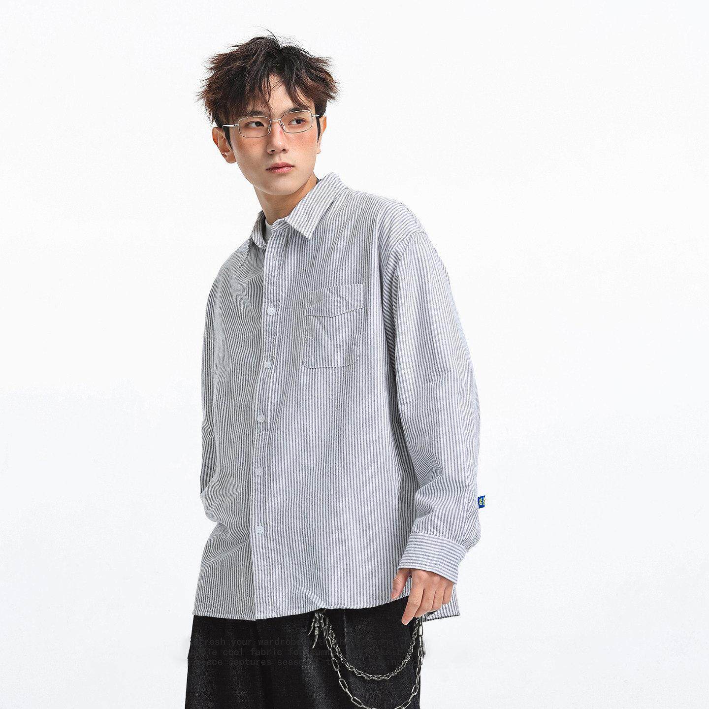 it Afternnaths潮牌！日系条纹衬衫男宽松休闲长袖衬衣外套春夏季