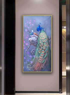 新中式手绘孔雀油画玄关装饰画客厅挂画美式过道竖版高端入户壁画