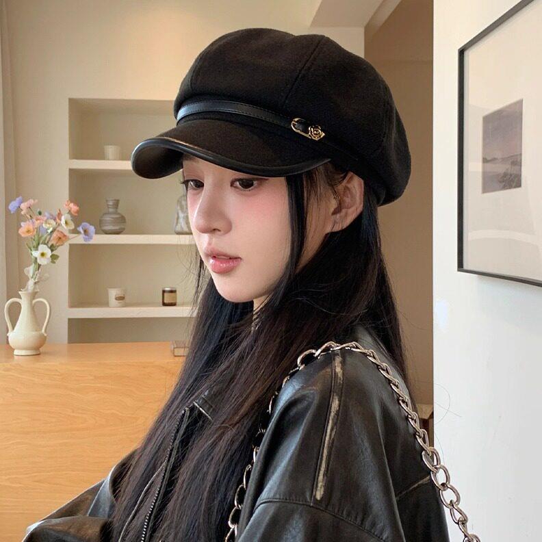 日系复古文艺风黑色鸭舌贝雷帽女休闲百搭气质显脸小八角云朵帽子