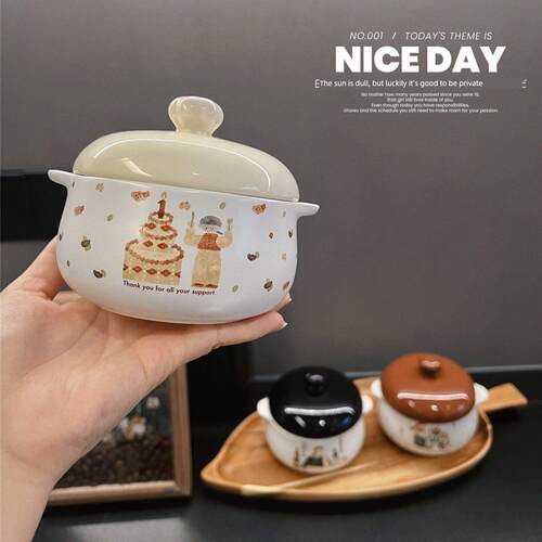 Steamed egg bowl, cute ceramic with lid, dessert baking bowl