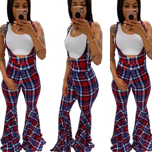 Grid printed shoulder strap jumpsuit flared pants