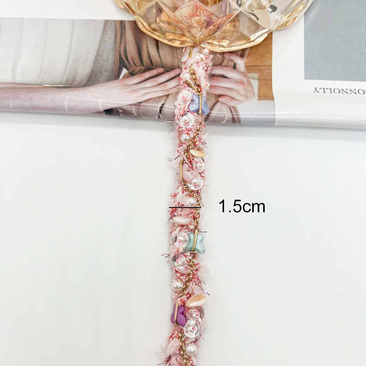 新款粉色小香风1.5公分珍珠亮片链条花边DIY服装配饰花边辅料批发,居家布艺,花边,淘宝优惠券,粉丝福利购,淘宝优惠卷