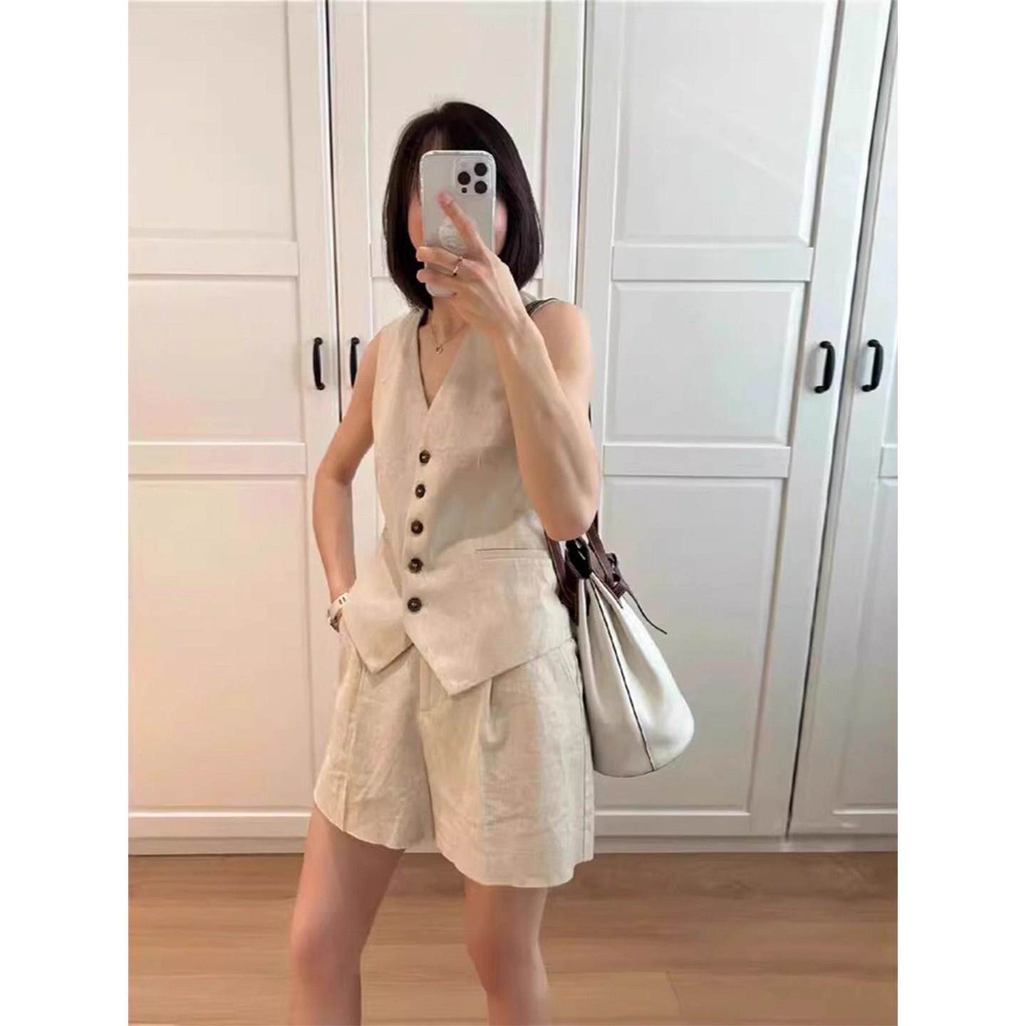 2026夏季新款亚麻马甲短裤套装女腔调老钱风气质棉麻西装背心外套