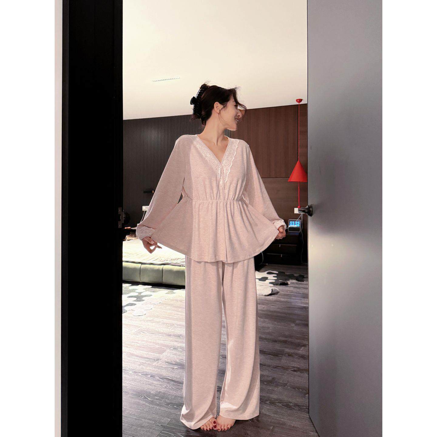 doubleoo秋冬女自带胸垫家居服收腰v领蕾丝套装暖绒韩系显瘦睡衣