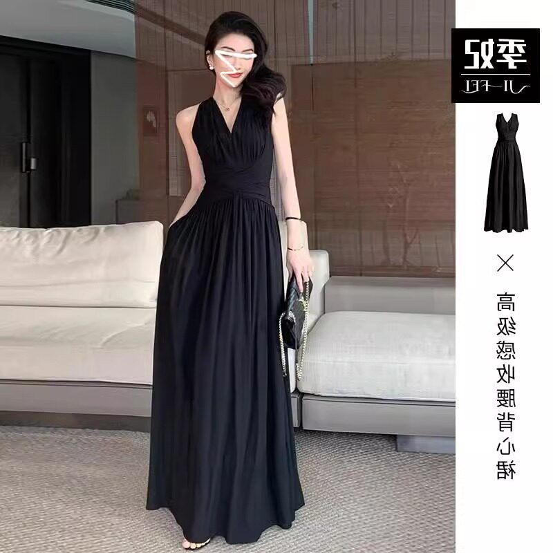 欧洲站赫本风黑色长裙V领高端挂颈交叉收腰背心无袖洋装女夏季