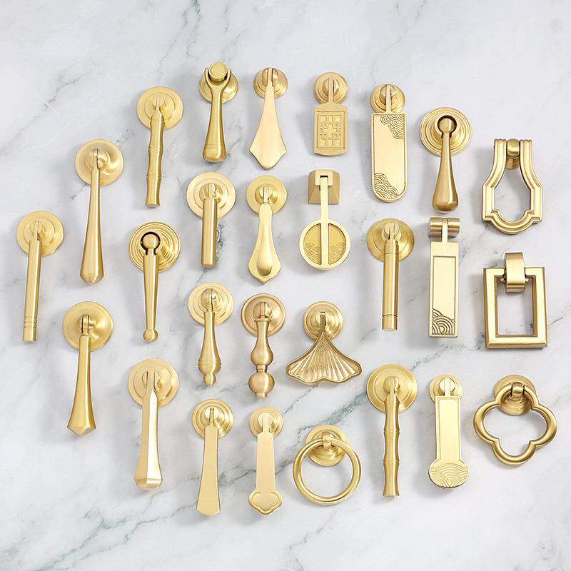 吊坠铜拉手新中式古典衣柜复古抽屉橱柜圆环金色拉环单孔黄铜拉手
