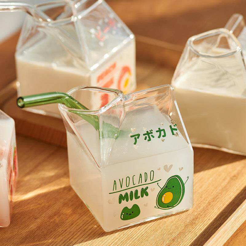 创意水杯少女心方形牛奶盒杯家用高硼硅玻璃杯吸管杯可微波加热