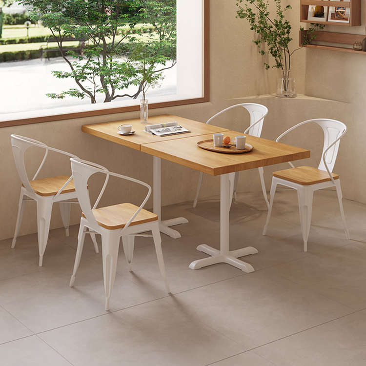 奶油风原木奶茶店咖啡厅双人桌椅组合北欧风铁艺实木休闲白色餐桌