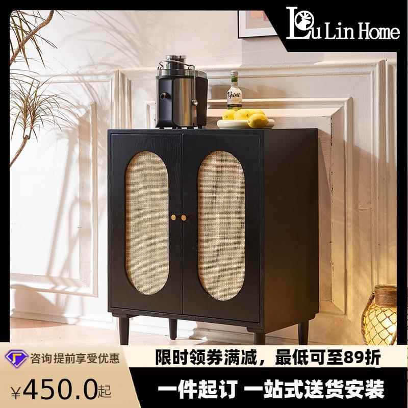藤编实木餐边柜日式黑色餐厅小户型大容量收纳双门柜子双层对开门