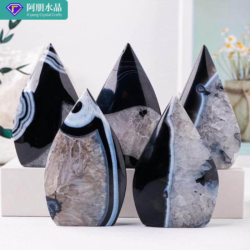 天然黑玛瑙晶洞火苗雕刻件水晶原石矿标家居装饰工艺品水晶摆件