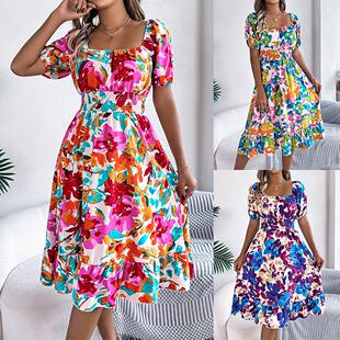 Flower square collar short sleeved waist cinched ruffle