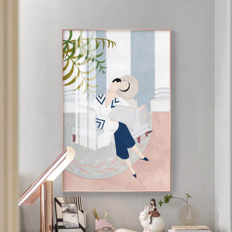 现代北欧装饰画小清新晶瓷画女孩卧室床头画人物抽象画简约挂画