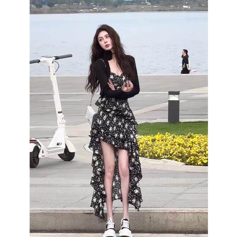 欧洲站2026新款小众设计高级感不规则碎花吊带连衣裙开衫两件套装