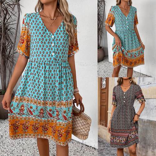 Women's V-neck short sleeved long skirt printed dress