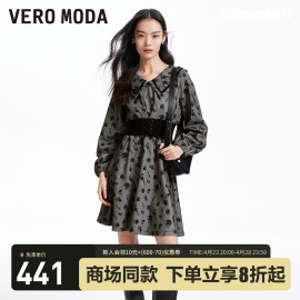 Vero Moda连衣裙2024春夏复古甜美优雅翻领松紧腰绑带千鸟格