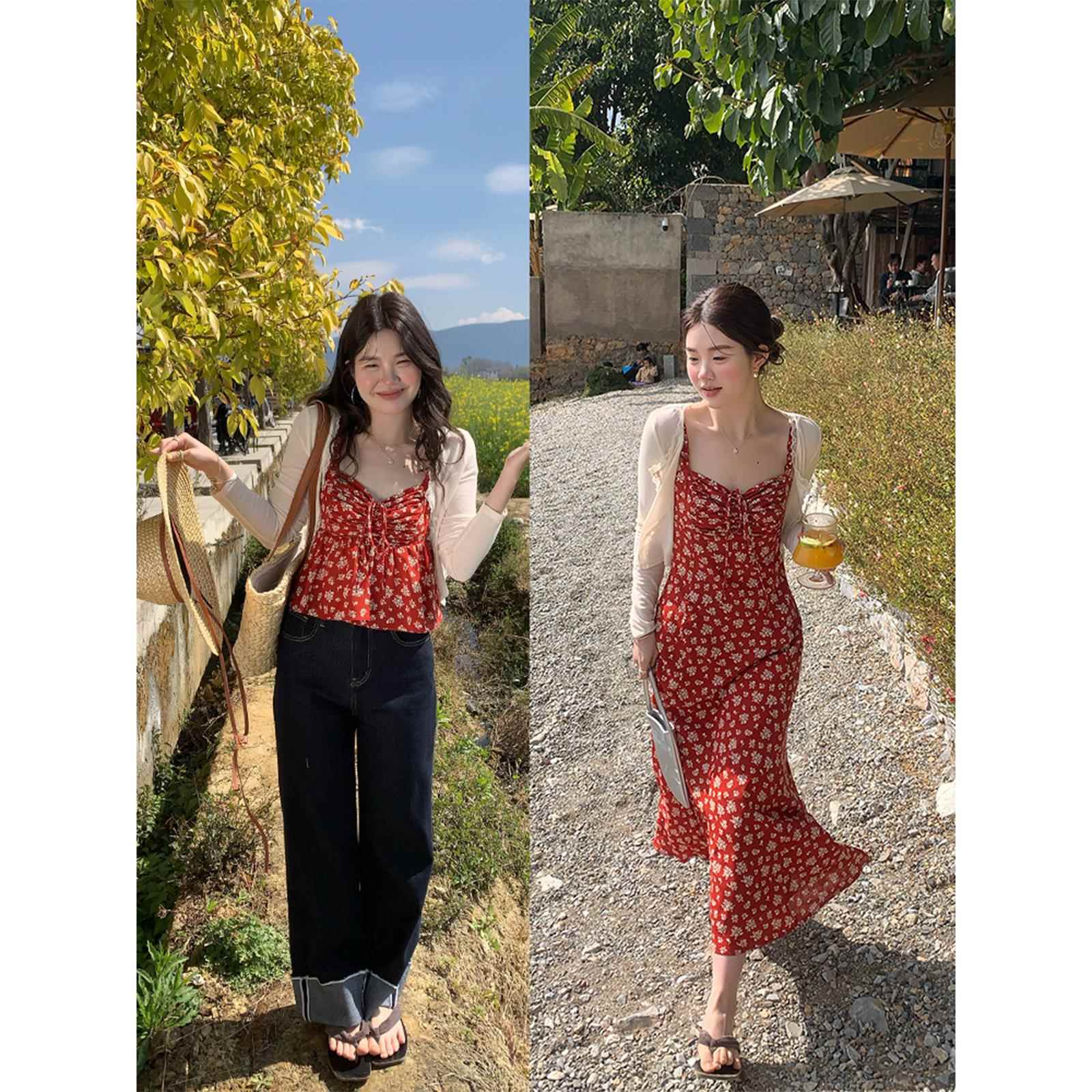 火火火【红夏花蕾】韩版温柔碎花吊带连衣裙女修身垂感夏款中长裙