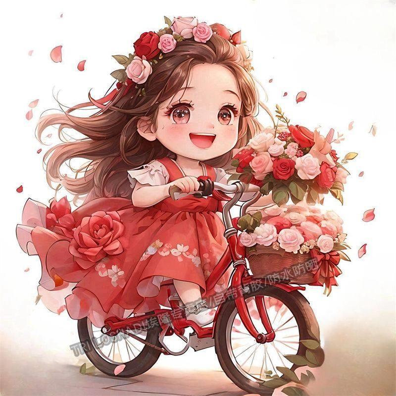 骑车的玫瑰少女汽车电动贴纸冰箱马桶贴画墙面门窗遮瑕可爱贴画纸