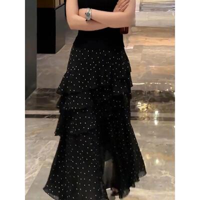 黑色波点半身裙女高腰显瘦多层荷叶边蛋糕裙夏季新款不规则中长裙