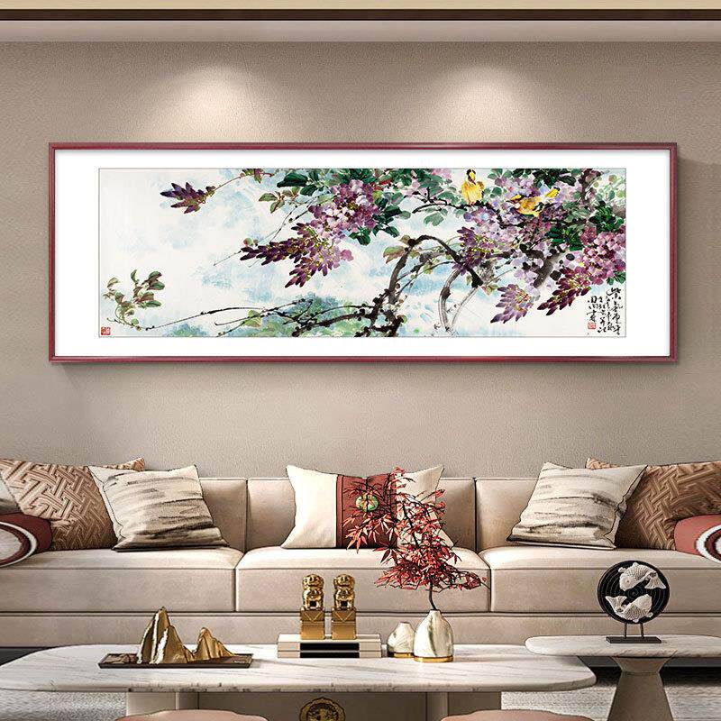 QWT花开中富贵牡丹实木画客景厅沙发背墙装饰国画新式紫气东来挂