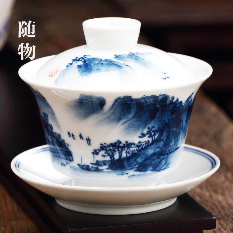 山水青花瓷盖碗特大号景德镇白瓷三才泡茶碗八宝茶不烫手陶瓷单个