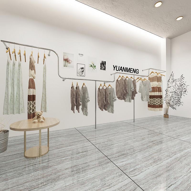 服装店上墙展示架女装店挂衣杆货架不锈钢拉丝银色架子网红陈列架