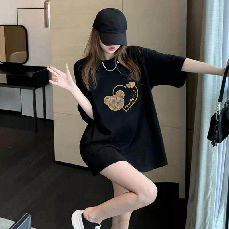 韩国短袖t恤女宽松休闲夏季纯棉女士上衣中长版衣服设计感小众潮