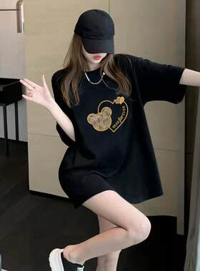 韩国短袖t恤女宽松休闲夏季纯棉女士上衣中长版衣服设计感小众潮