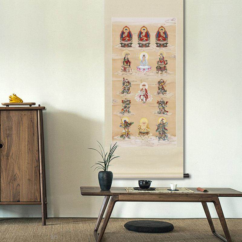 工笔关人国画WAL物房精品满堂全堂佛菩萨画像玄书新中式卷轴画框