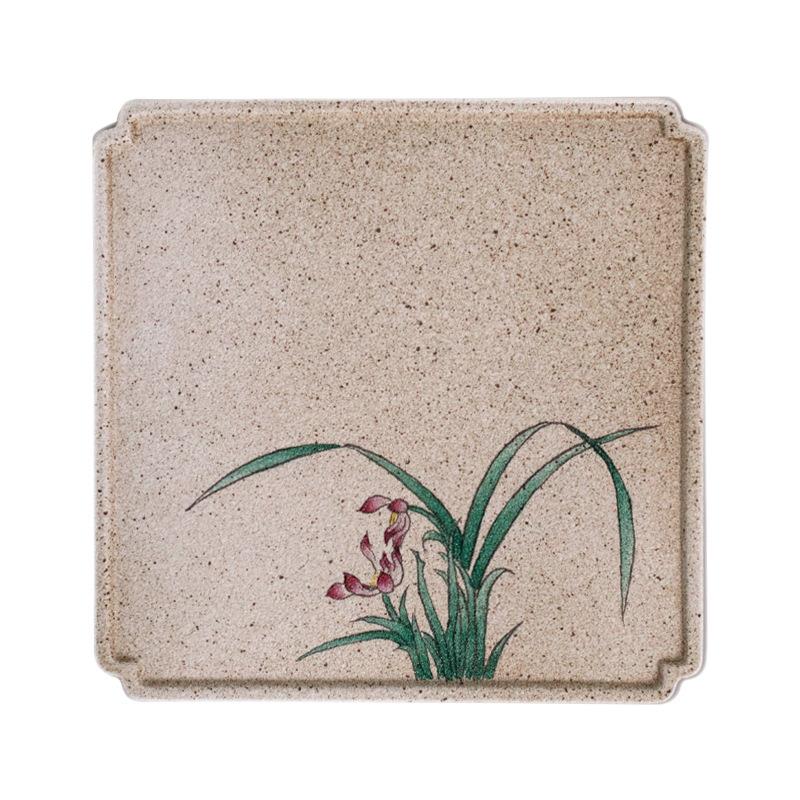 艺虹日式粗陶茶盘手绘釉上新彩四方干泡茶原矿粗陶茶道配件壶承