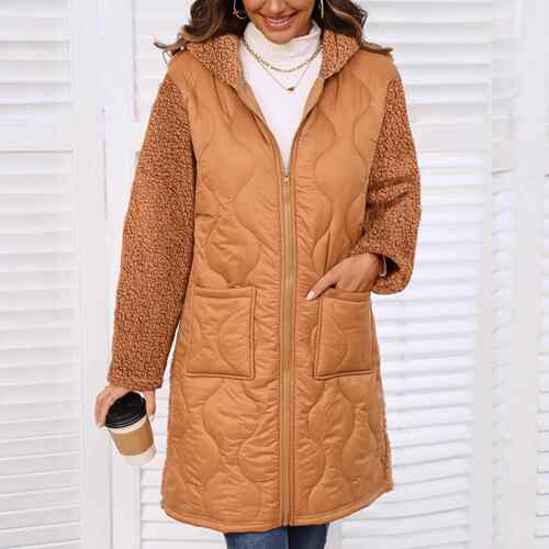 Sparkling women's hooded zipper long spliced plush jacket