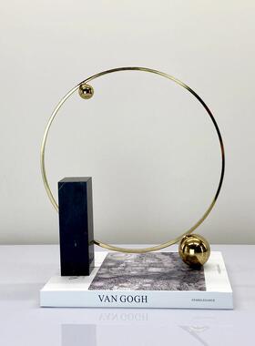 简约现代黑色大理石金属装饰球圆环屏风摆件客厅书房样板间装饰品