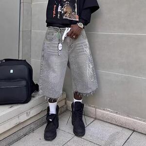 Streetwear Grey Embroidered Jeans: vintage-style