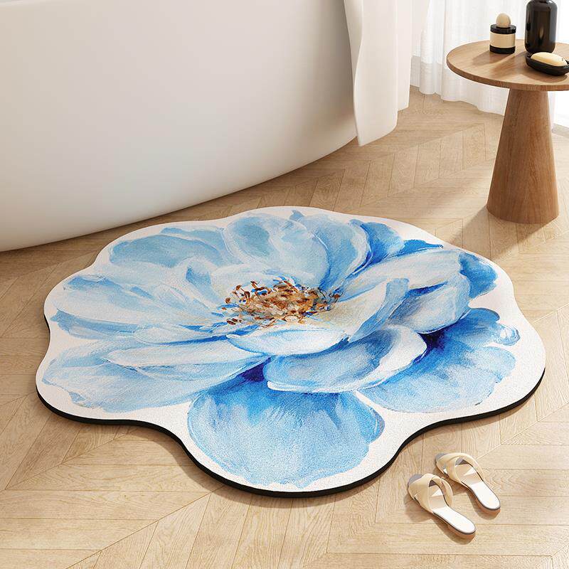 美式蓝色花朵浴室地垫吸水硅藻泥速干防滑地毯卫生间厕所门口脚垫