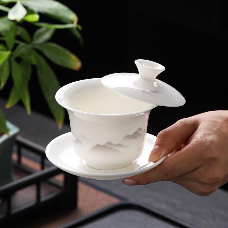 羊脂玉瓷可悬停旋转三才盖碗茶杯水墨山水泡茶碗单个高档家用茶具
