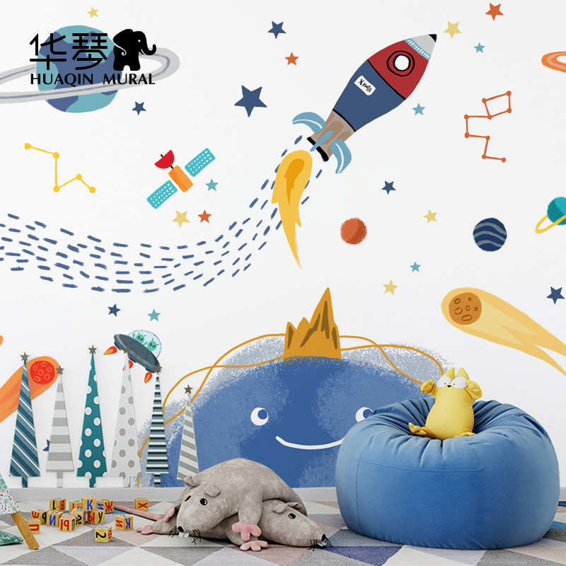 北欧风卡通图案太空宇宙火箭男孩女孩儿童房墙纸壁纸墙布壁布壁画