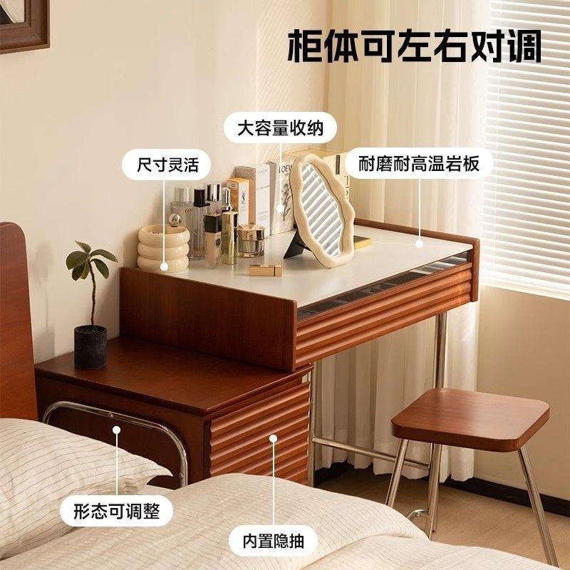 复古实木收纳一体化妆桌轻奢卧室储物小户型书桌面化妆镜桌梳妆台