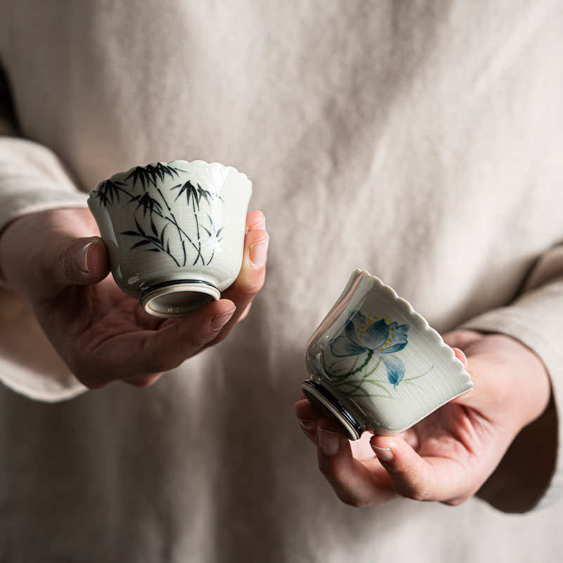 纯手绘品茗杯复古墨竹花蕾杯主人杯家用陶瓷功夫茶具茶杯