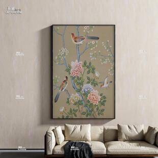 现代中古风客厅沙发背景装饰画卧室玄关壁画餐厅竖版挂画花鸟古画