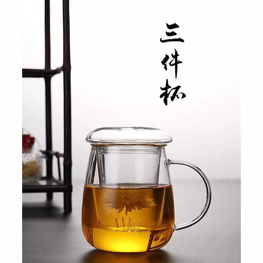 煮茶杯耐热玻璃泡茶杯套杯个人用带把手花茶杯带漏盖茶水分离杯