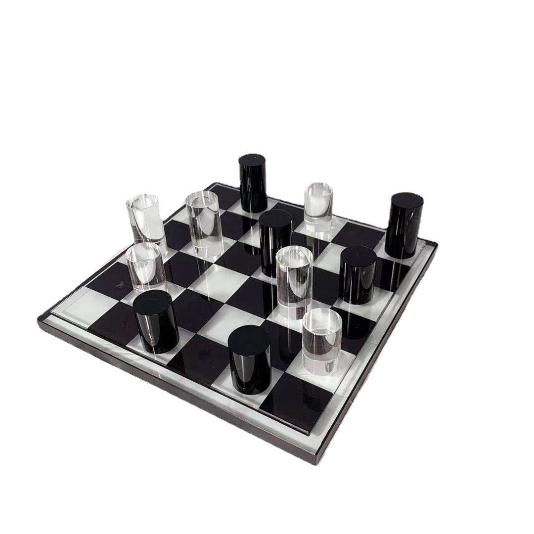 现代水晶黑白棋子格子棋盘摆件家居客厅玄关电视柜样板间摆饰品