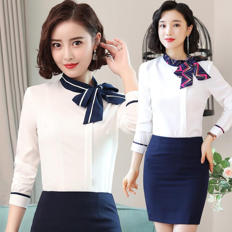 白衬衫女士长袖商务装酒店前台空姐制服韩式美容师工作服系带衬衫